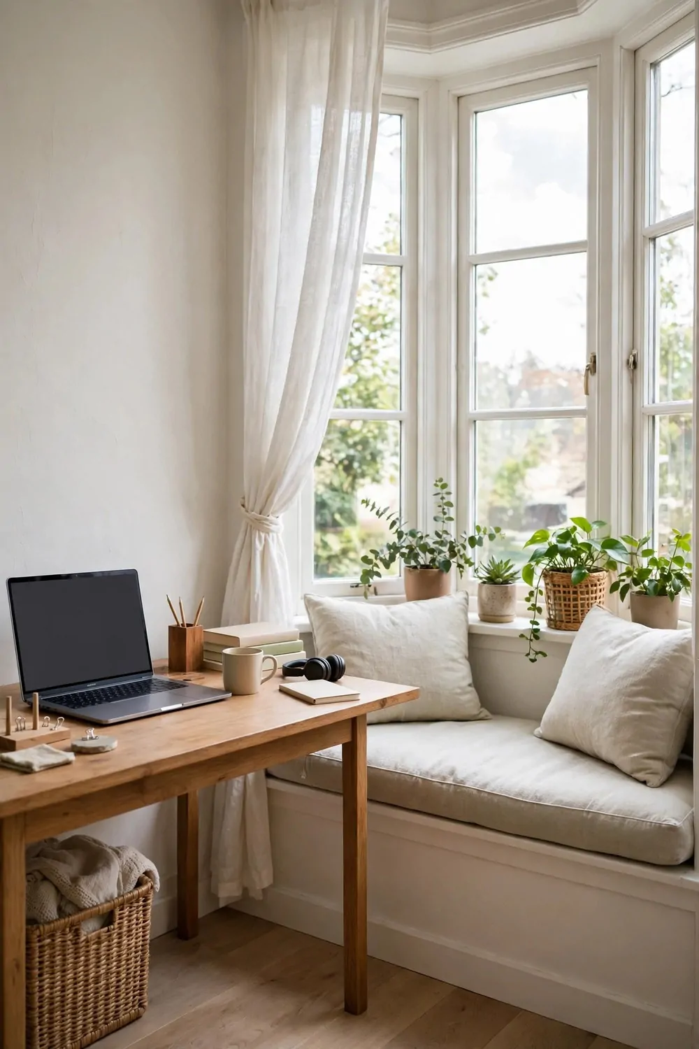 25 Office Room Design Layouts That Look Stunning and Work Hard 6 A wooden desk beside a bay window with a cushioned window seat, soft daylight, and plants on the sill.