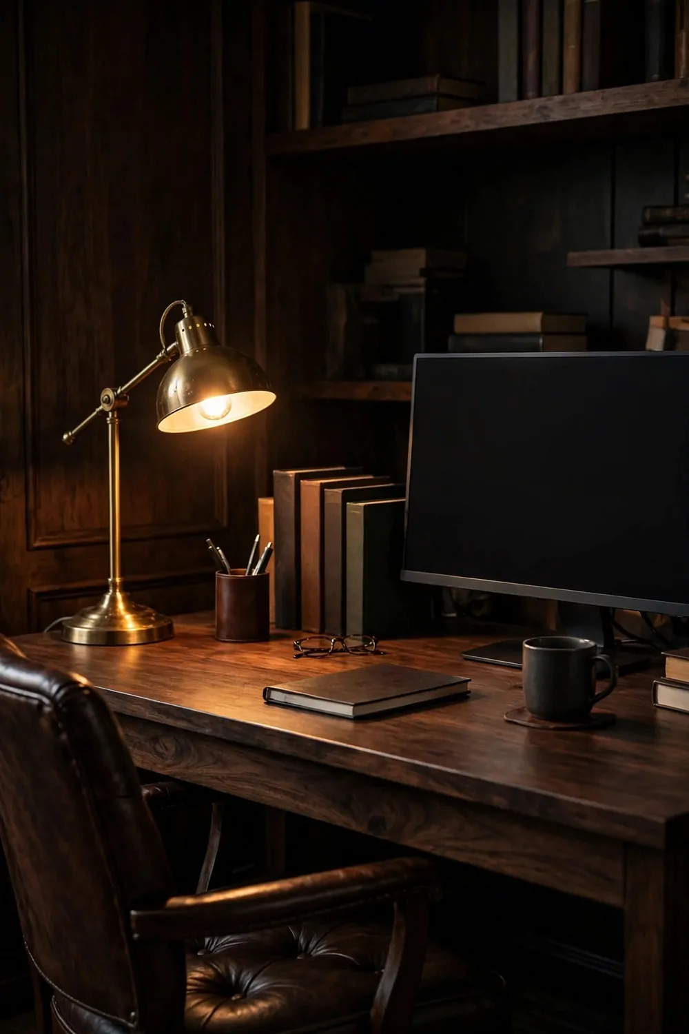 25 Office Room Design Layouts That Look Stunning and Work Hard 7 A dark walnut desk with a warmly glowing brass task lamp and a leather chair in a dark wood office.