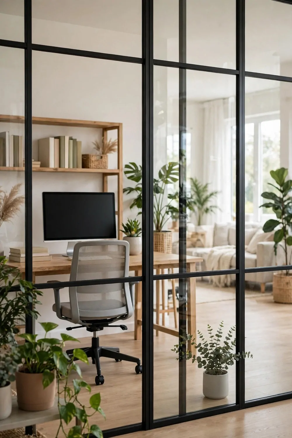 25 Office Room Design Layouts That Look Stunning and Work Hard 8 A black-framed glass partition wall dividing an office area with a desk and chair, with plants nearby in an open-plan room.