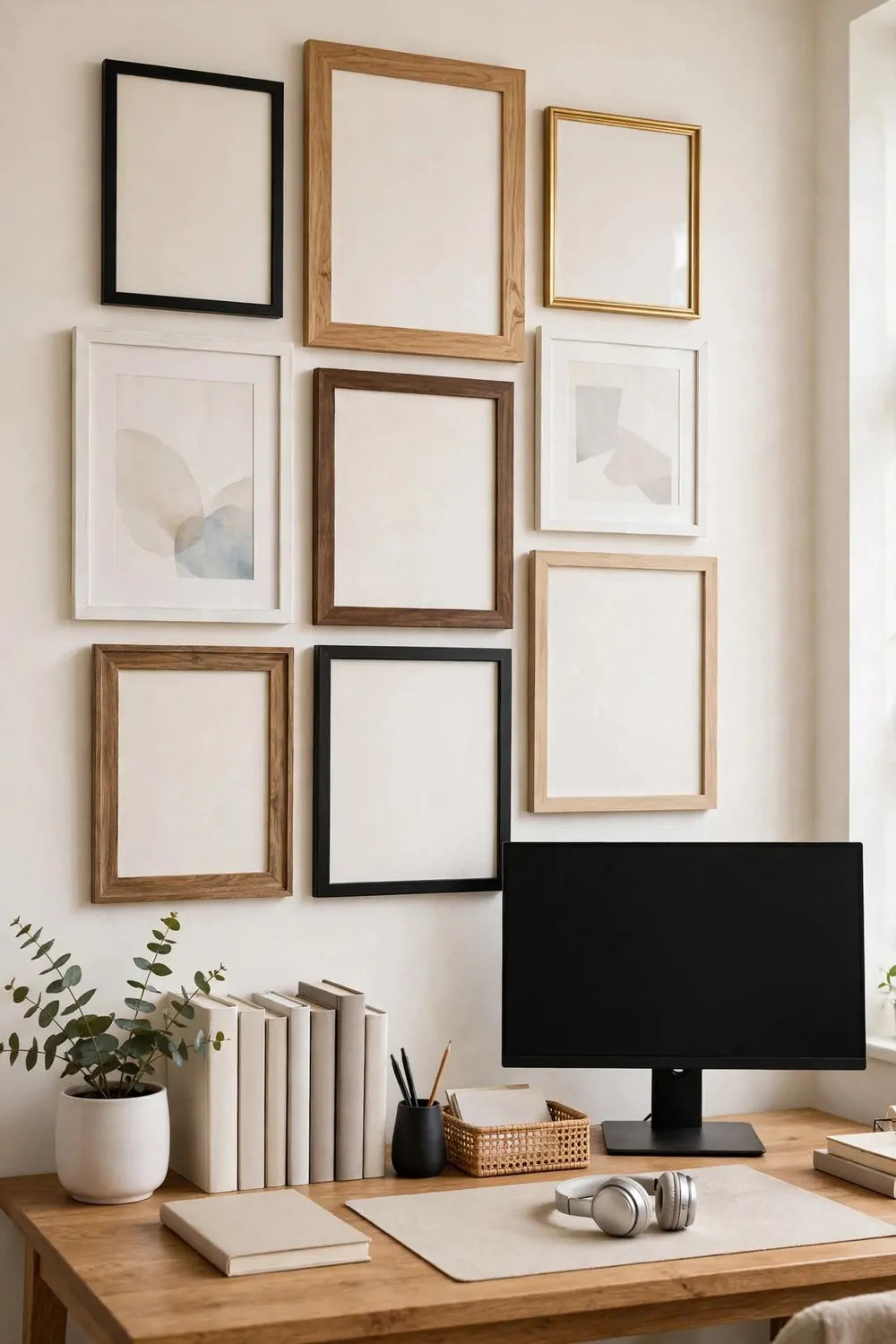 25 Office Room Design Layouts That Look Stunning and Work Hard 9 A cluster gallery wall of framed prints and empty frames in mixed black, wood, white and gold frames above a tidy wooden desk.