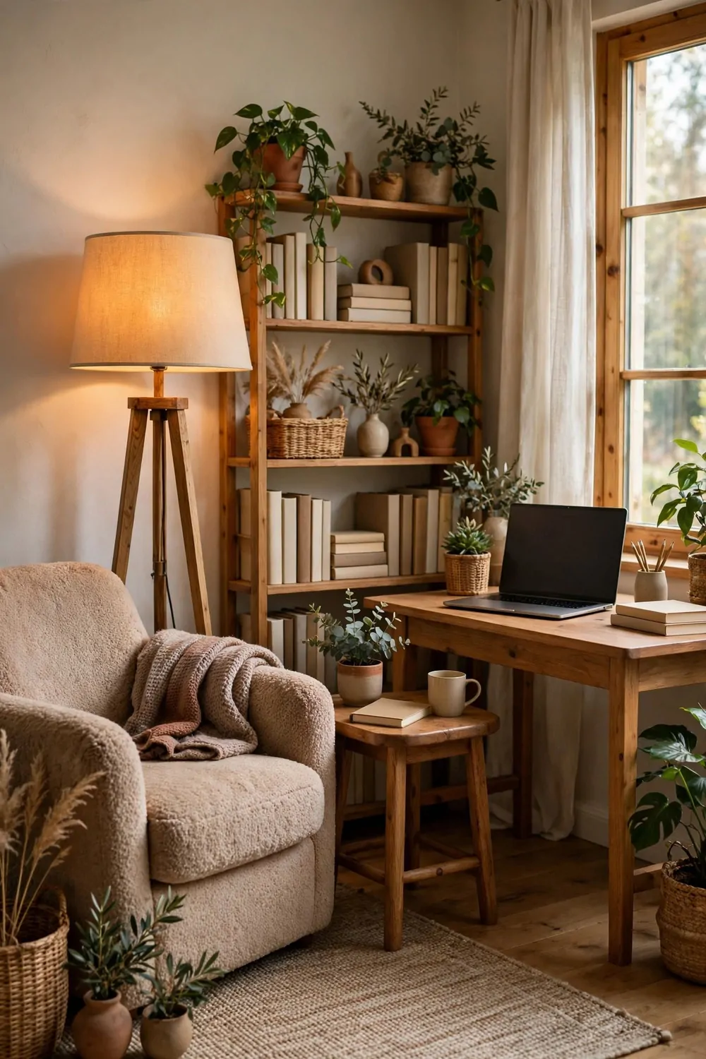 25 Office Room Design Layouts That Look Stunning and Work Hard 10 A cozy reading corner with a beige bouclé armchair, a glowing floor lamp and a small side table beside a wooden desk with a laptop.