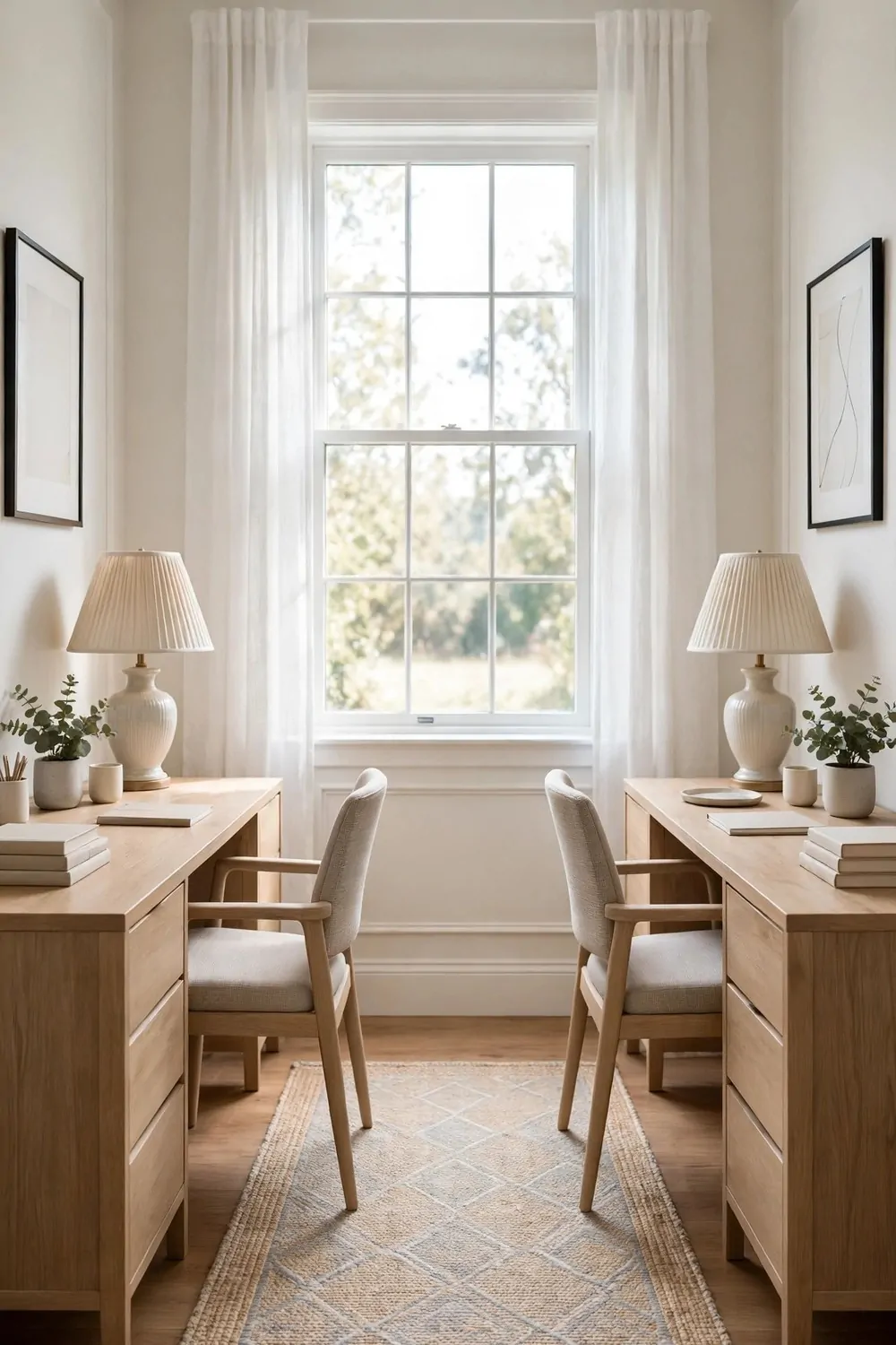 25 Office Room Design Layouts That Look Stunning and Work Hard 11 Two matching desks with matching lamps and chairs arranged symmetrically on either side of a bright window in a home office.