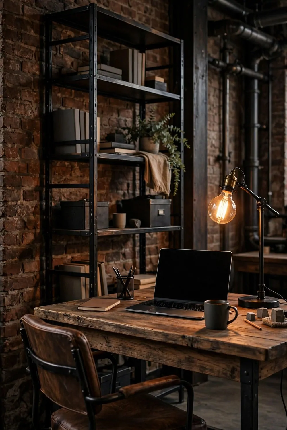 25 Office Room Design Layouts That Look Stunning and Work Hard 12 A loft-style industrial office with an exposed brick wall, black metal shelving, a glowing Edison bulb lamp and a wooden desk.