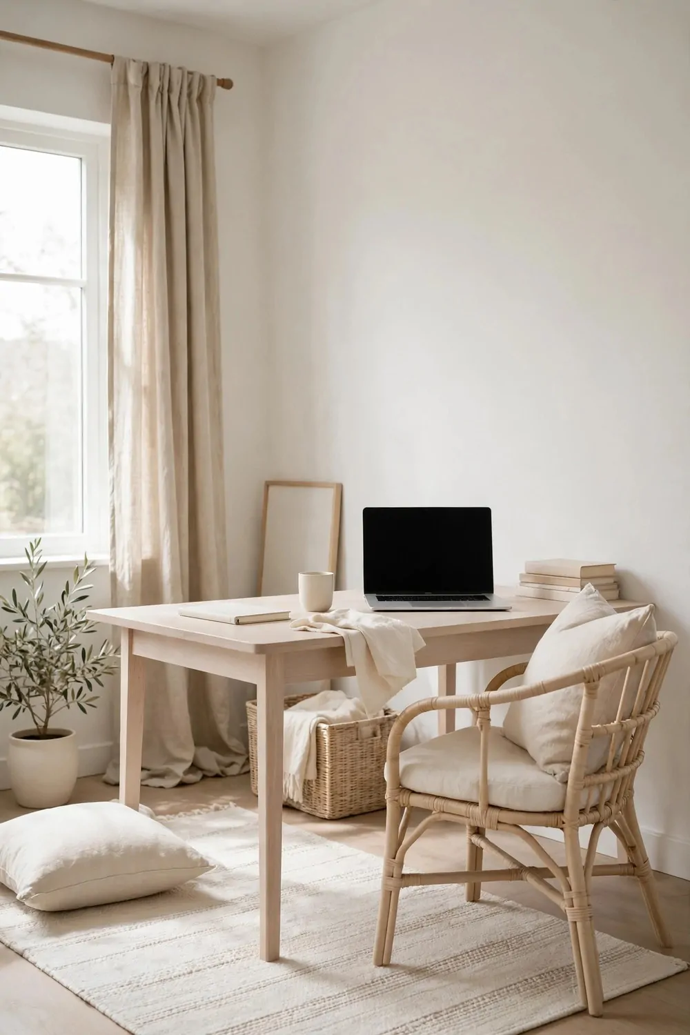 25 Office Room Design Layouts That Look Stunning and Work Hard 13 A soft neutral home office with warm white walls, beige linen curtains, a pale wood desk and cream textiles.