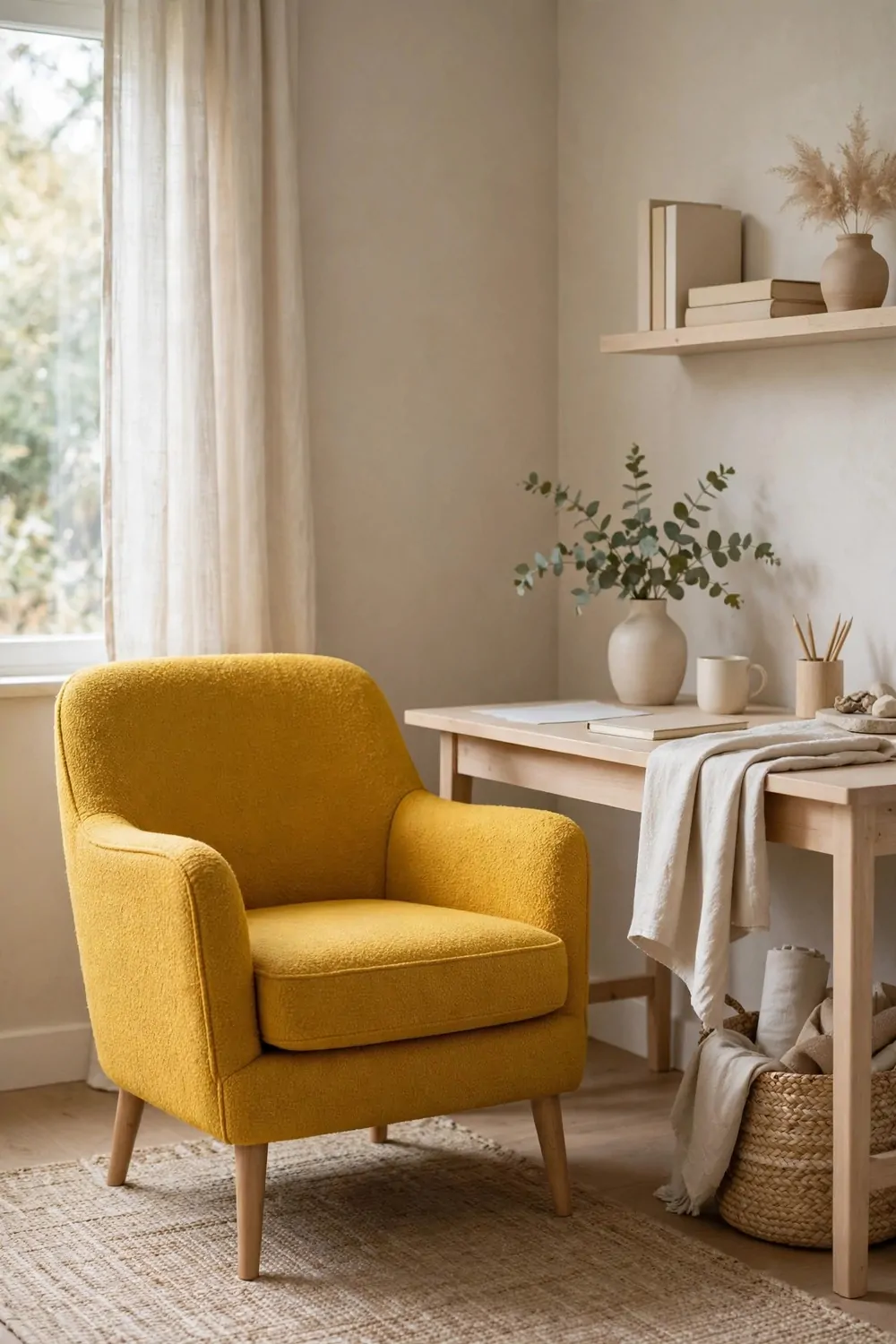 25 Office Room Design Layouts That Look Stunning and Work Hard 14 A mustard yellow armchair standing out against calm beige walls beside a wooden desk in a neutral home office.