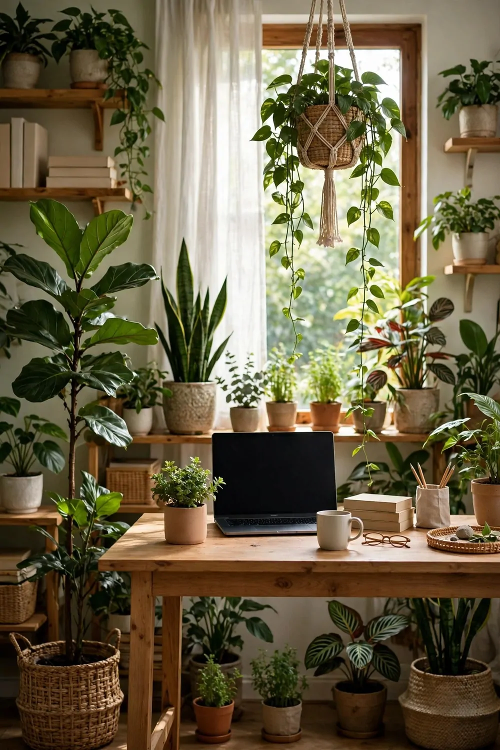 25 Office Room Design Layouts That Look Stunning and Work Hard 15 A wooden desk surrounded by lush potted plants at different heights, including a tall floor plant, a small desk plant, and a trailing hanging plant in a bright home office.