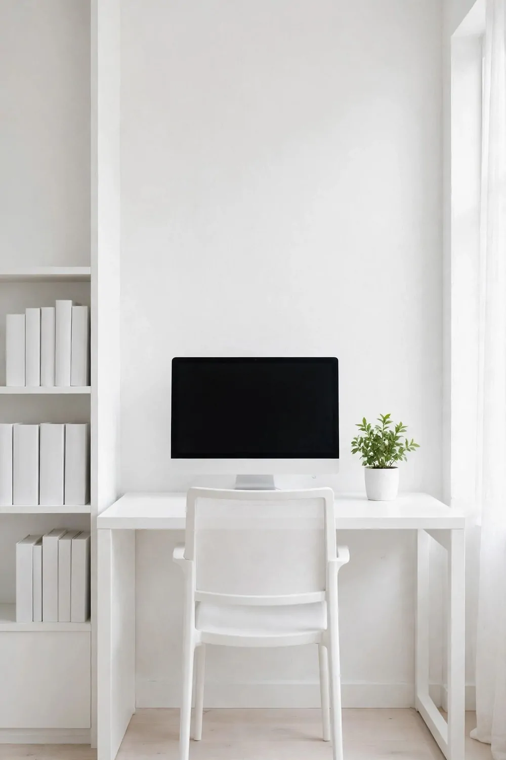 25 Office Room Design Layouts That Look Stunning and Work Hard 16 A minimal all-white office with a white desk and chair, a blank monitor, and one small green plant in bright, clean light.