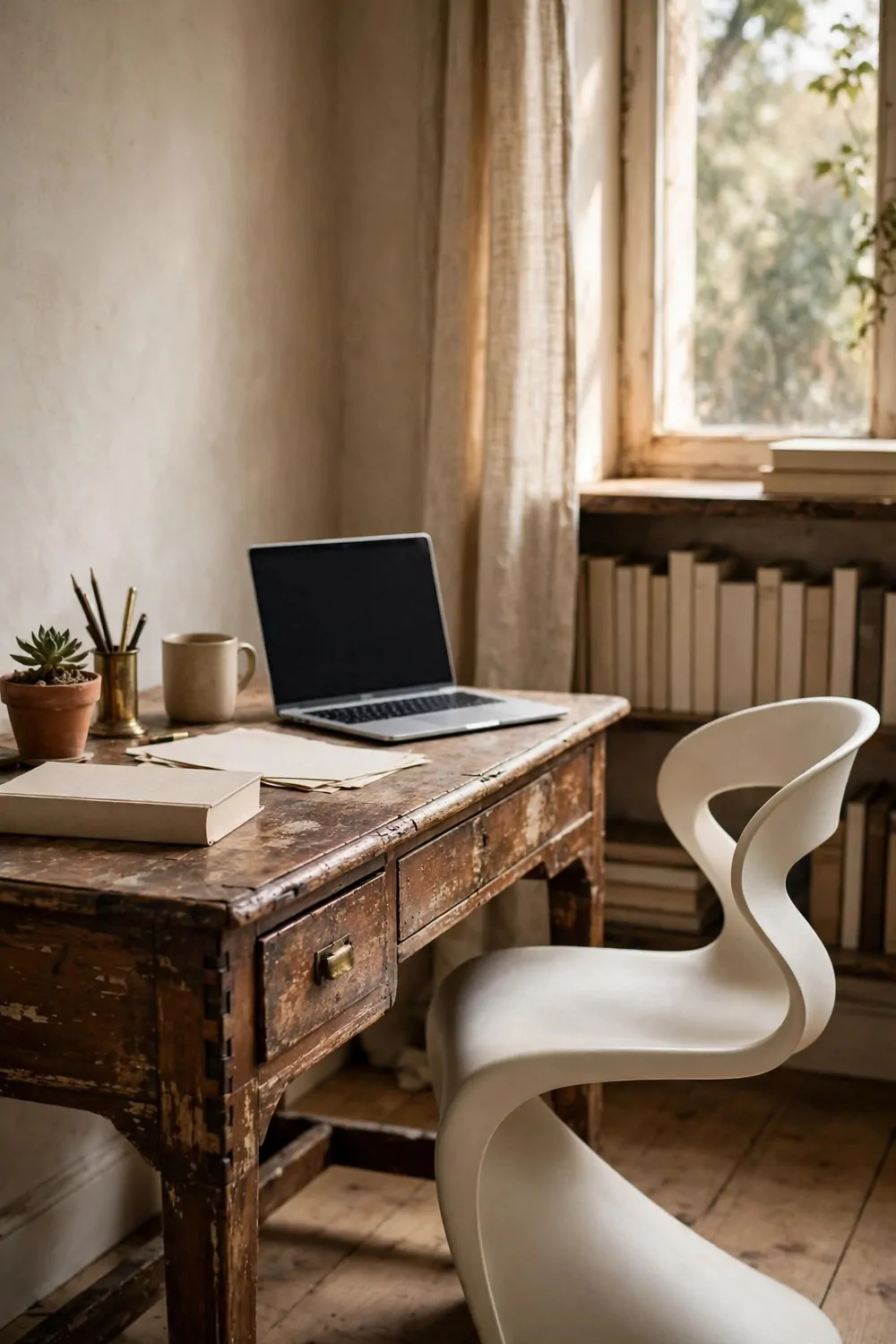 25 Office Room Design Layouts That Look Stunning and Work Hard 17 An antique wooden desk with aged patina paired with a modern white sculptural chair with a curved back beside a bright window.