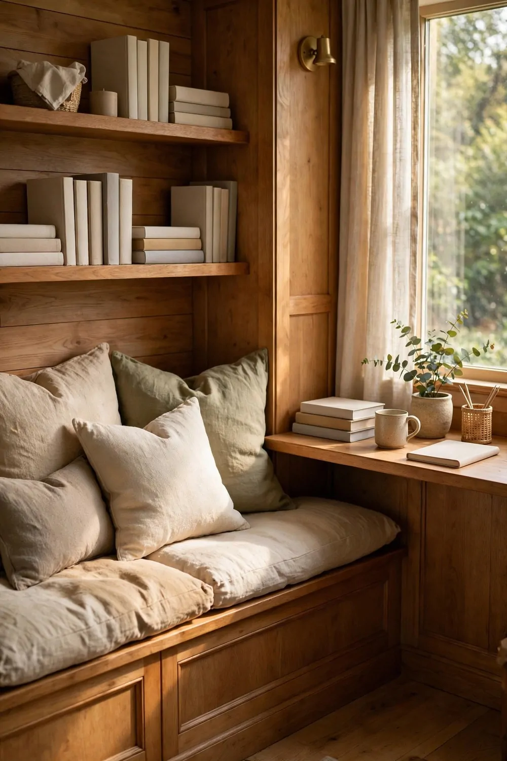 25 Office Room Design Layouts That Look Stunning and Work Hard 18 A cozy corner banquette bench with cushions beside a small built-in wooden desk under a window in a warm home office nook.