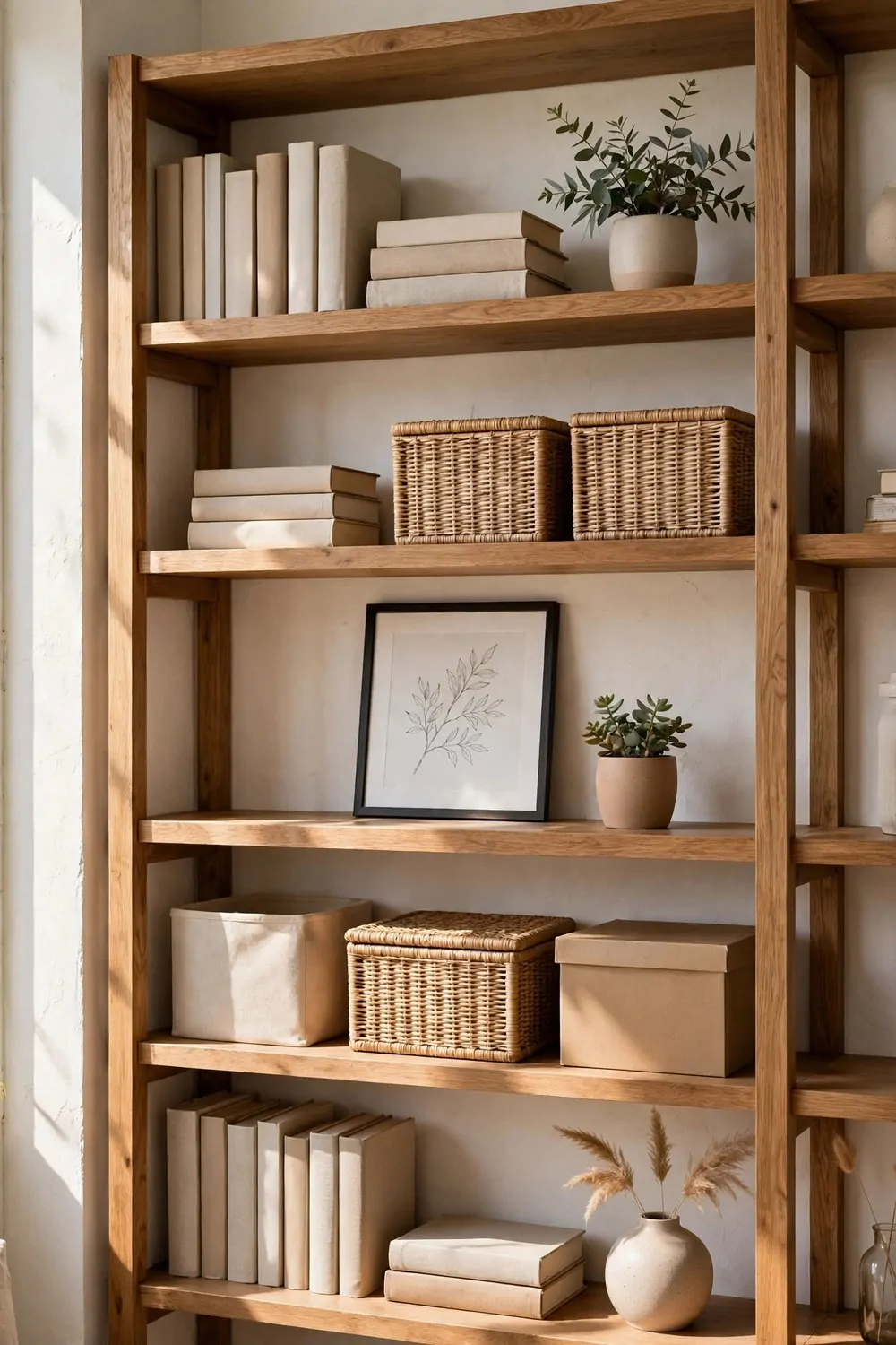 25 Office Room Design Layouts That Look Stunning and Work Hard 19 A wooden open shelving wall styled with plain-spined books, woven storage boxes, small plants, and a framed leaf print.