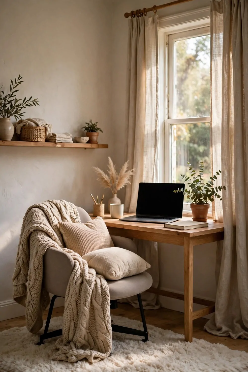 25 Office Room Design Layouts That Look Stunning and Work Hard 20 A cozy desk by a window with linen curtains, a chunky knit throw and cushions on the chair, and a soft white rug.