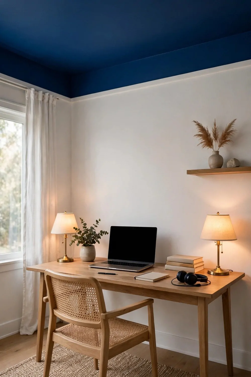 25 Office Room Design Layouts That Look Stunning and Work Hard 21 A home office with a deep blue painted ceiling, white walls, a wooden desk, and two warm glowing lamps.