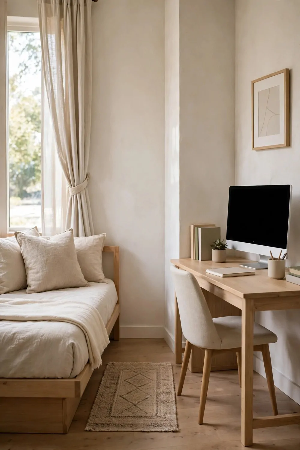 25 Office Room Design Layouts That Look Stunning and Work Hard 22 A dual-purpose room with a neatly made daybed on one side and a tidy desk with a chair on the other.