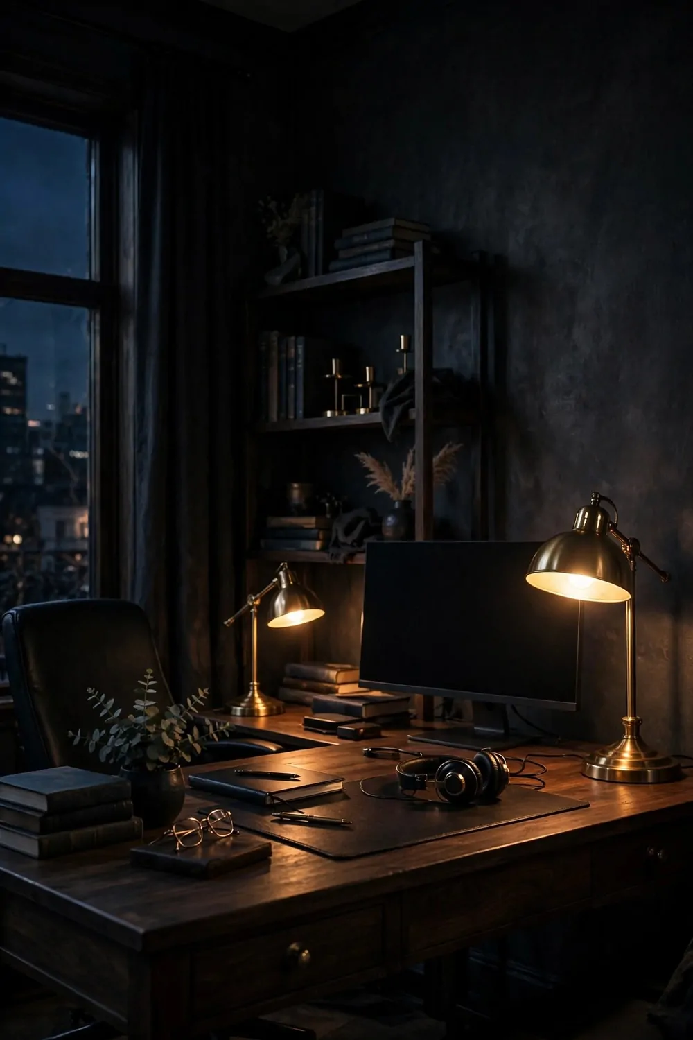 25 Office Room Design Layouts That Look Stunning and Work Hard 23 A moody dark office with charcoal walls, warm glowing brass lamps, and a dark wood desk in the evening.