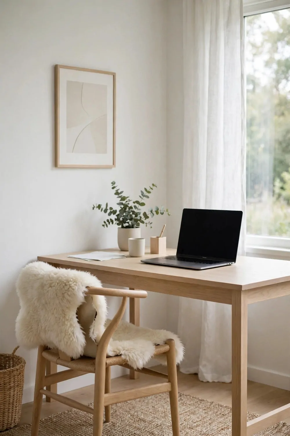 25 Office Room Design Layouts That Look Stunning and Work Hard 24 A bright Scandinavian office with a pale oak desk, white walls, and a sheepskin draped over the chair in soft daylight.