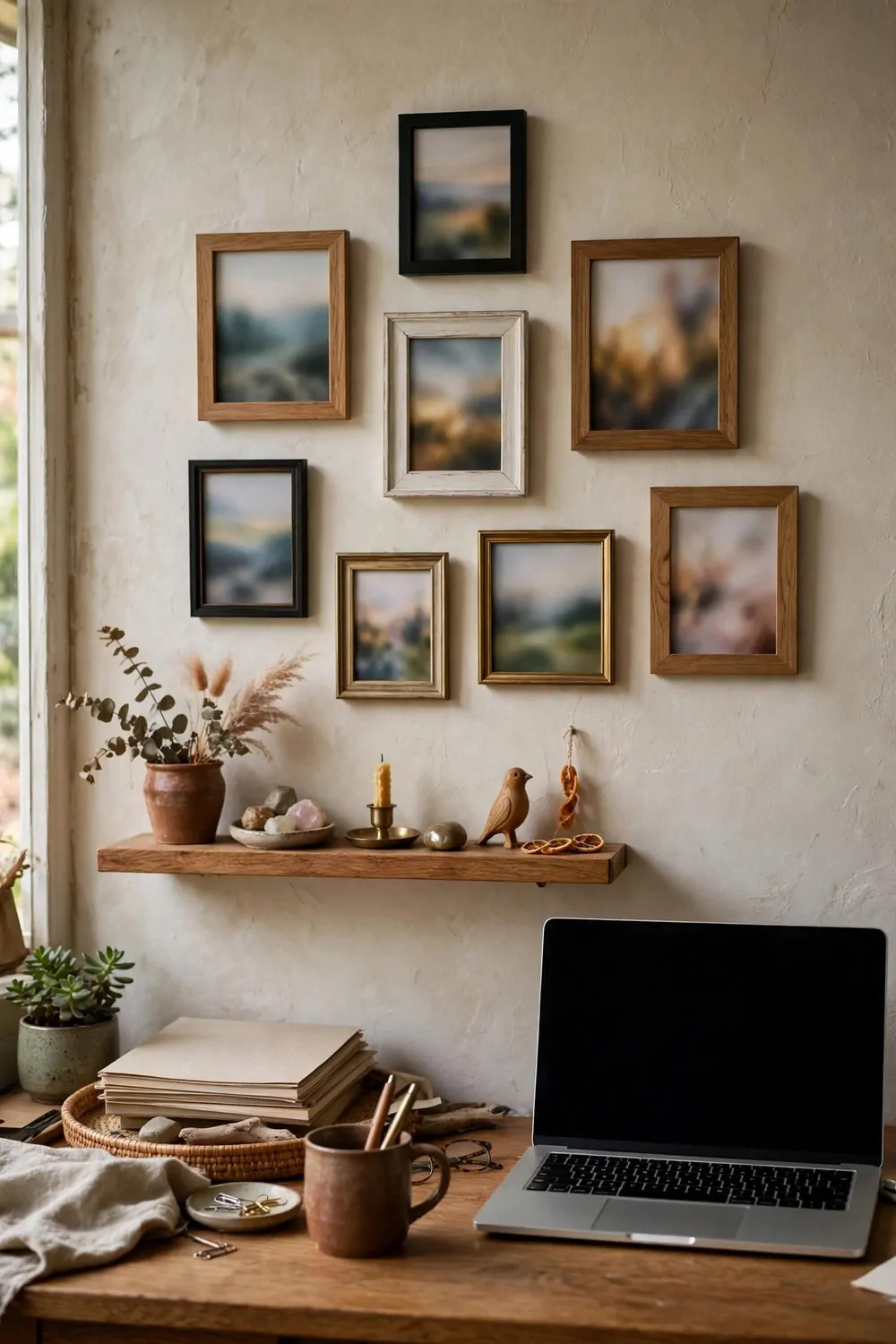 25 Office Room Design Layouts That Look Stunning and Work Hard 25 A warm desk wall with mixed frames of small blurred landscape prints above a shelf of keepsakes and a laptop on the desk below.