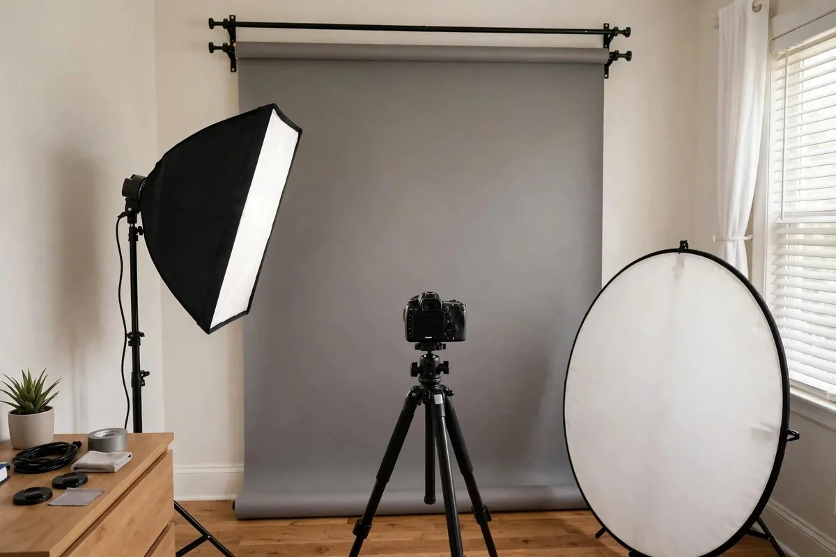 25 Photo Studio Ideas That Look Pro on a Tiny Budget 1 Small bedroom corner photo studio with a paper backdrop on a curtain rail, a softbox light and a camera on tripod
