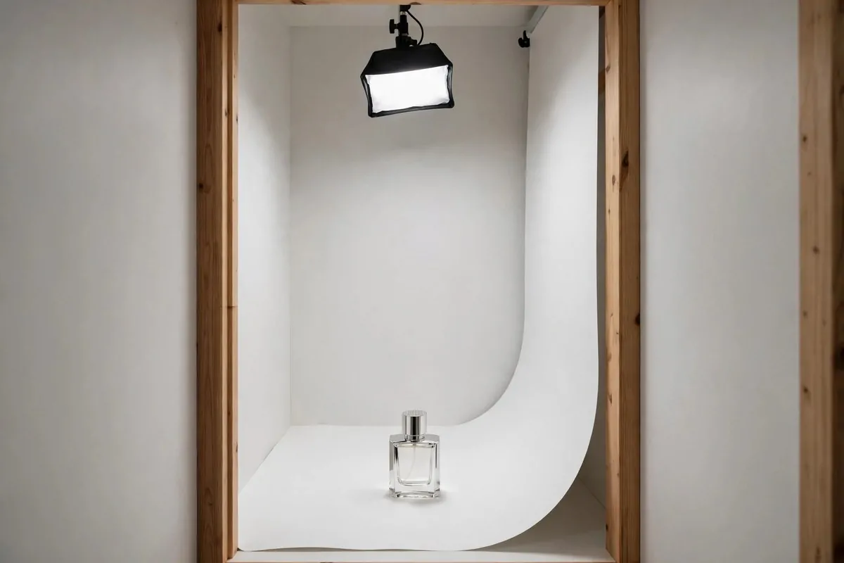 25 Photo Studio Ideas That Look Pro on a Tiny Budget 2 Small closet converted into a photo studio with a white paper sweep and a single overhead light