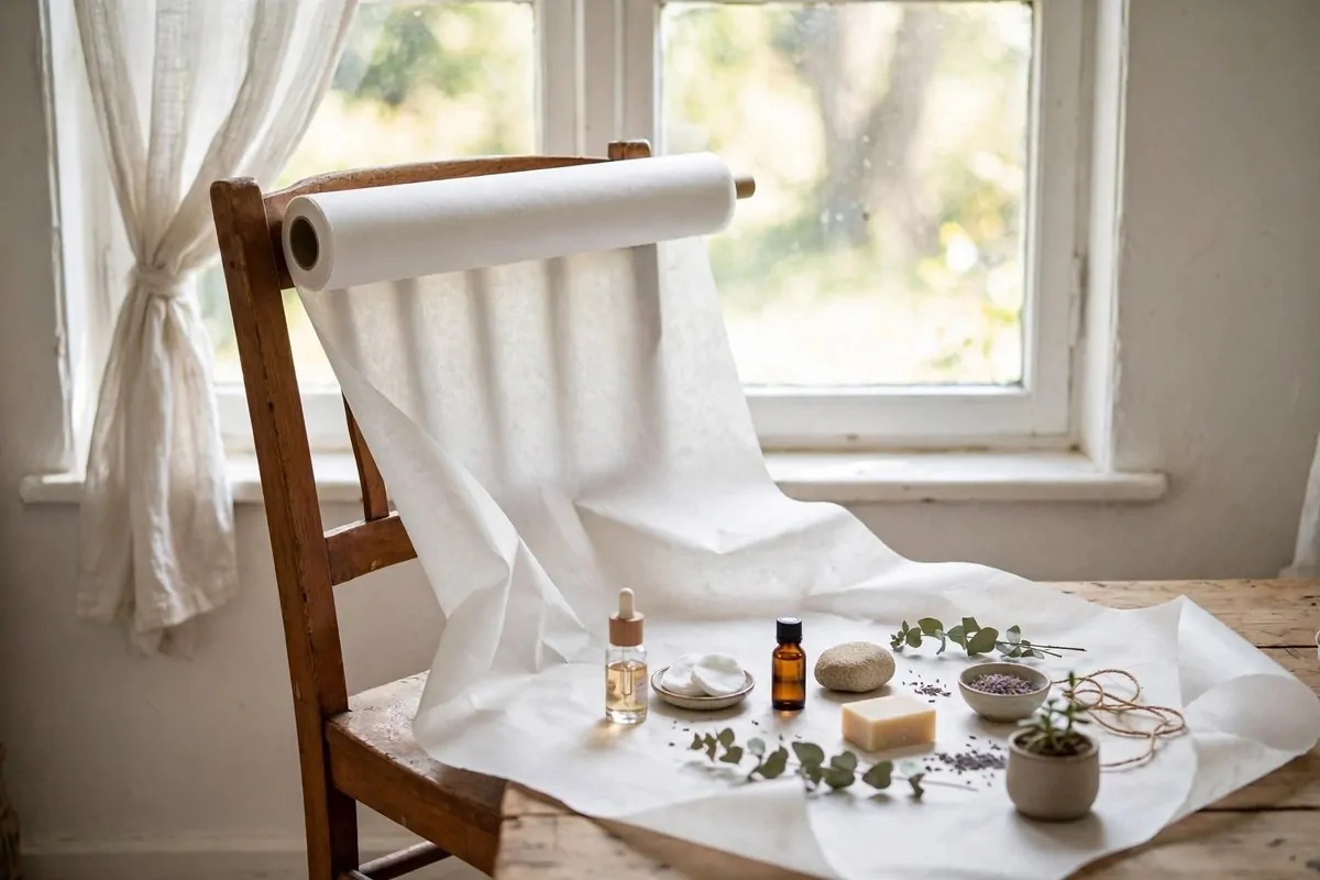 25 Photo Studio Ideas That Look Pro on a Tiny Budget 3 Roll of white butcher paper draped over a dining chair in front of a bright window for photos