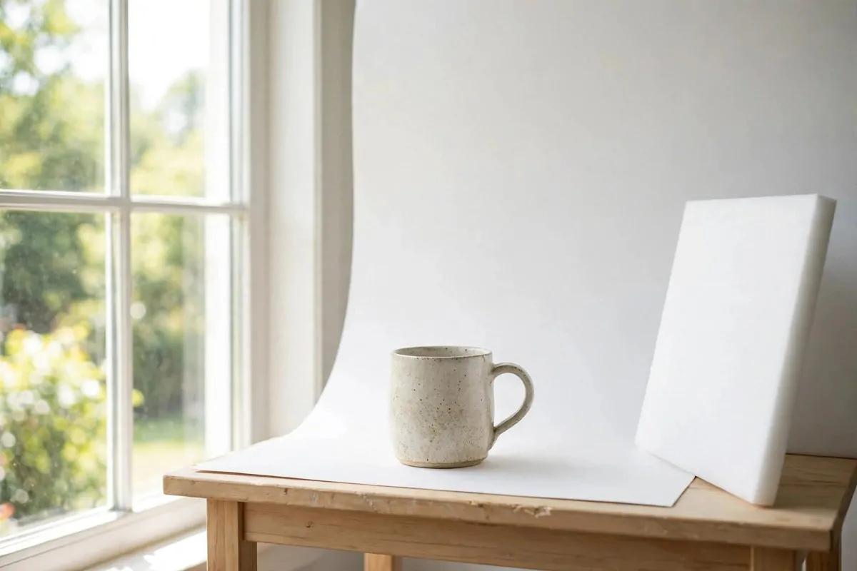 25 Photo Studio Ideas That Look Pro on a Tiny Budget 4 Small table next to a large window with a white backdrop and a product being photographed