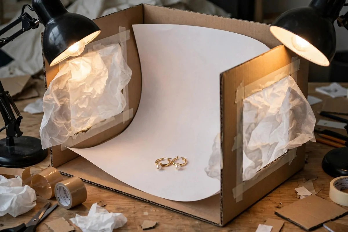 25 Photo Studio Ideas That Look Pro on a Tiny Budget 5 DIY lightbox made from a cardboard box lined with white paper and lit by desk lamps