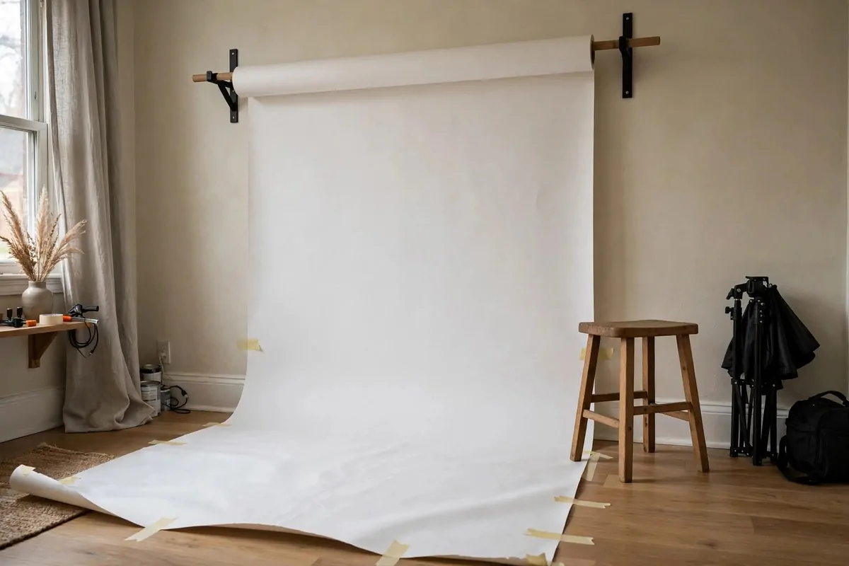 25 Photo Studio Ideas That Look Pro on a Tiny Budget 6 Paper backdrop roll mounted on a bedroom wall rolling down to the floor for portrait photos