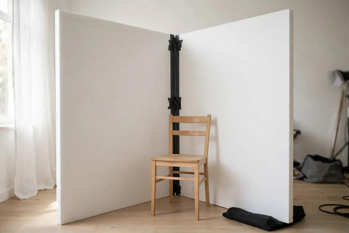 25 Photo Studio Ideas That Look Pro on a Tiny Budget 7 Two large white foam boards taped into a V shape reflecting light onto a portrait subject
