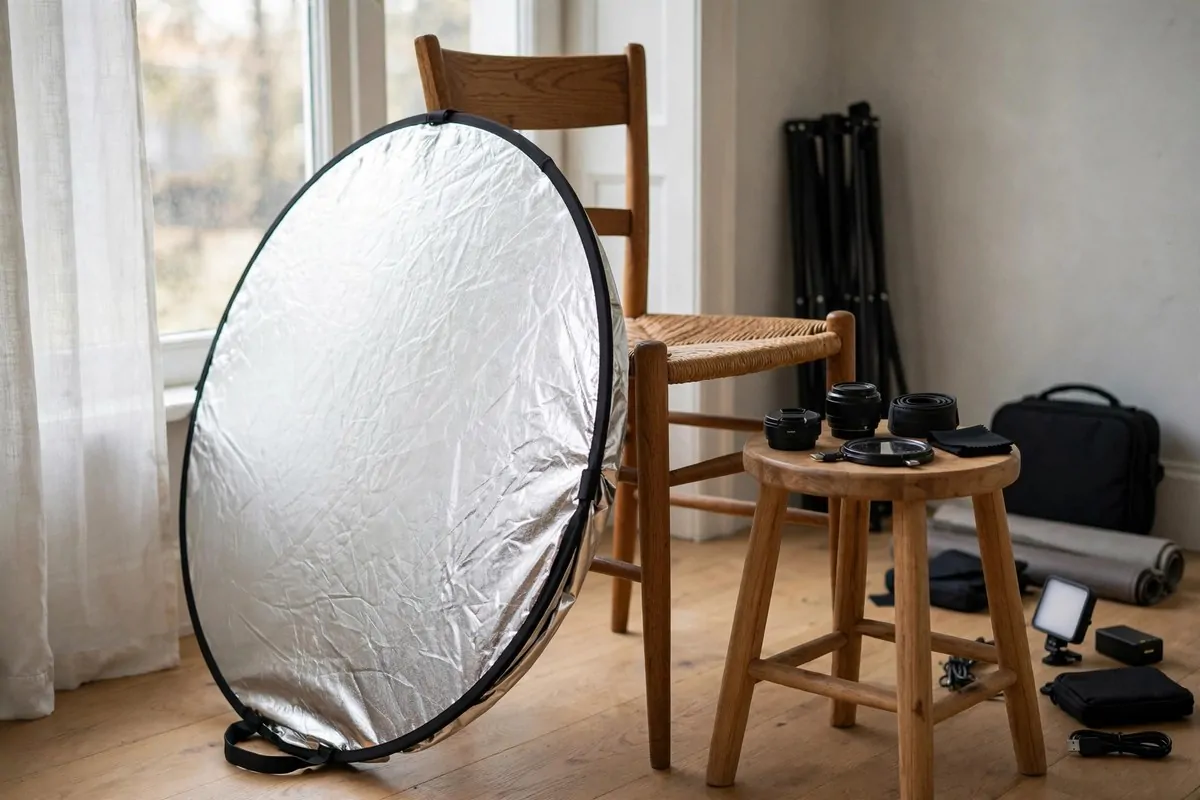 25 Photo Studio Ideas That Look Pro on a Tiny Budget 8 Collapsible 5-in-1 photography reflector bouncing window light onto a subject