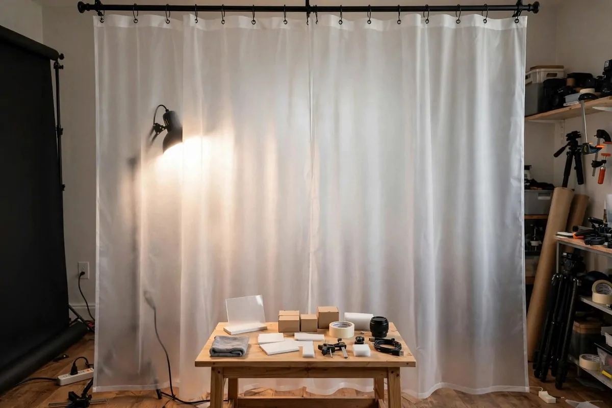 25 Photo Studio Ideas That Look Pro on a Tiny Budget 9 Frosted shower curtain hung in front of a bright lamp creating soft diffused studio light