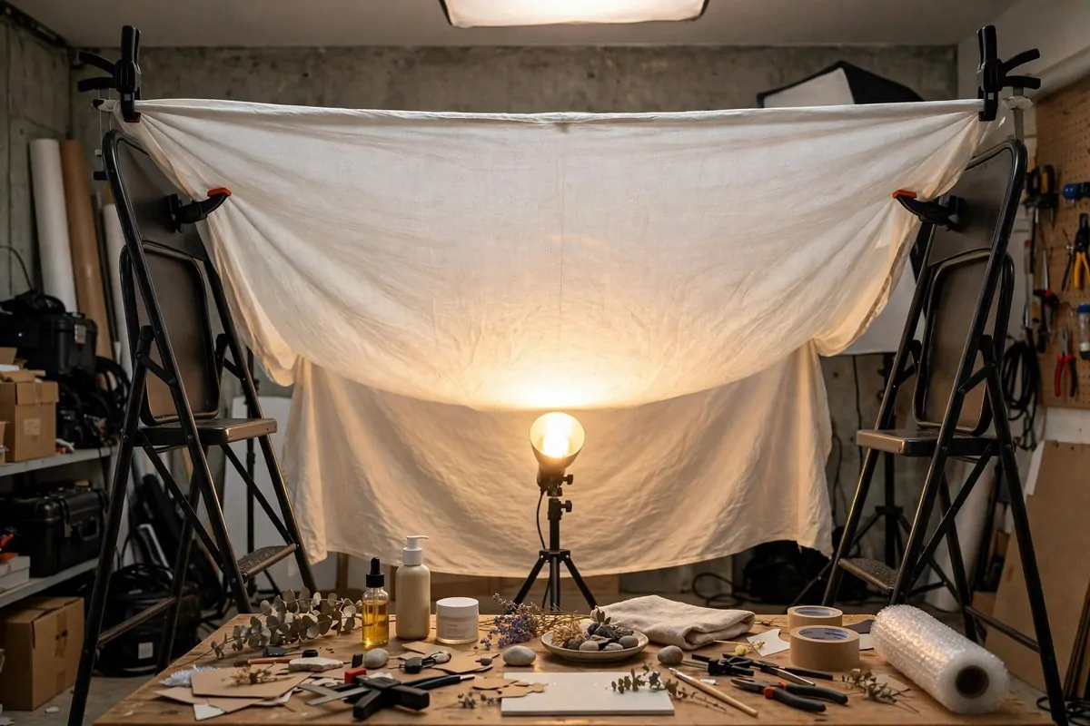 25 Photo Studio Ideas That Look Pro on a Tiny Budget 10 White bedsheet stretched above a photo setup softening overhead light like a studio scrim