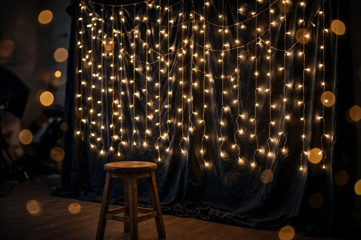 25 Photo Studio Ideas That Look Pro on a Tiny Budget 11 Wall of warm string lights blurred into golden bokeh behind a portrait subject