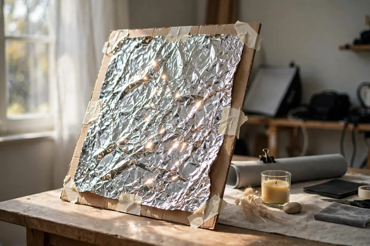 25 Photo Studio Ideas That Look Pro on a Tiny Budget 12 Crumpled tin foil taped to cardboard creating a sparkly reflector for photo lighting