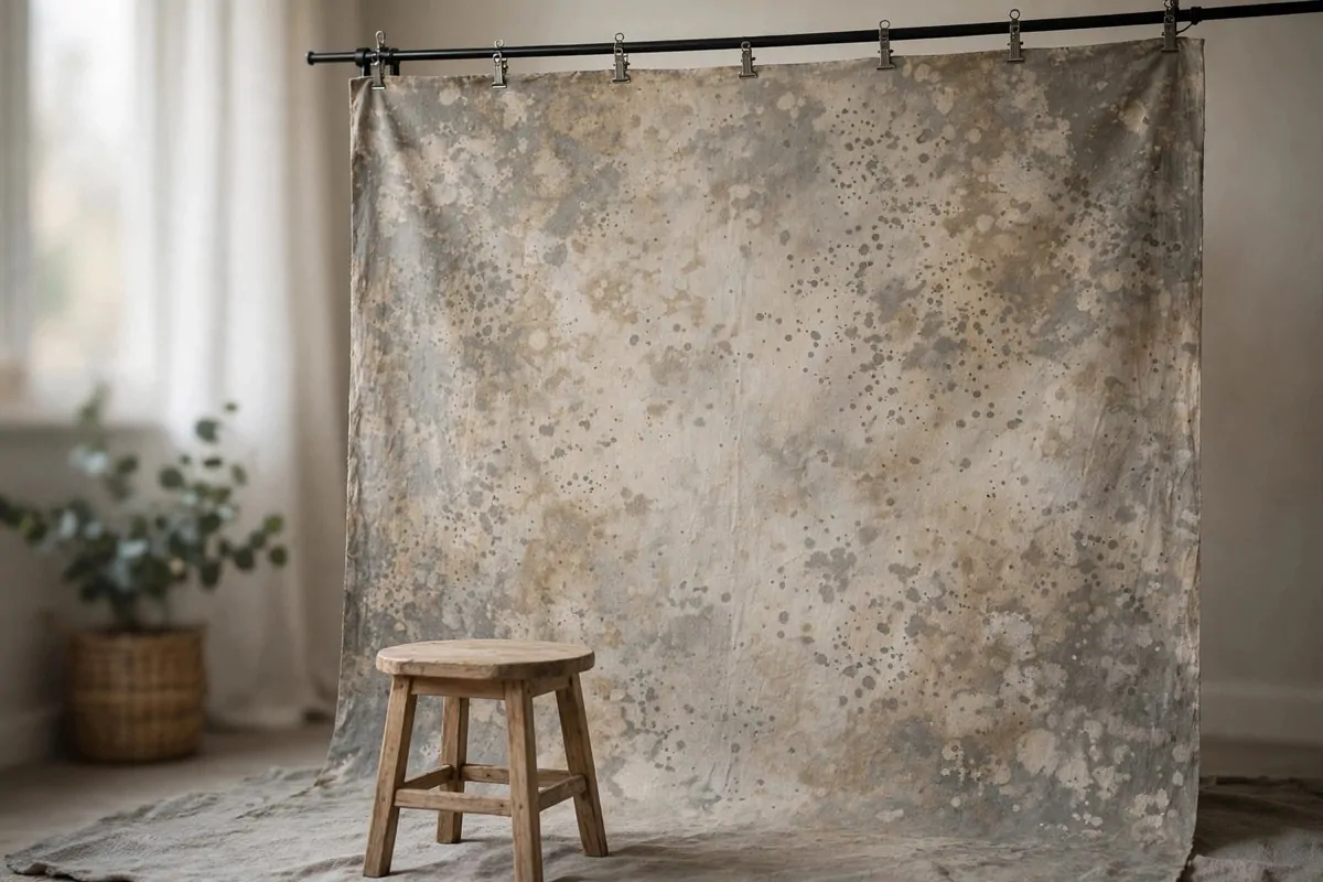 25 Photo Studio Ideas That Look Pro on a Tiny Budget 13 Hand painted mottled canvas backdrop in warm gray tones hanging in a home studio