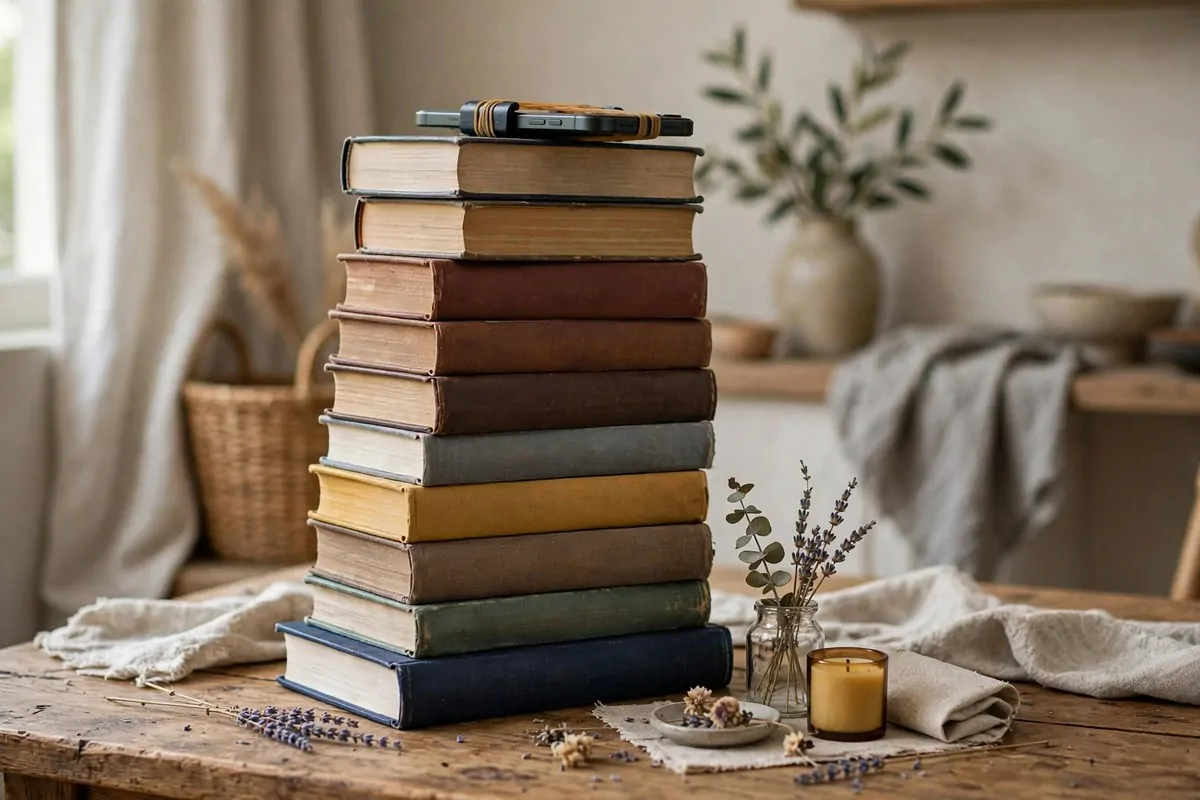 25 Photo Studio Ideas That Look Pro on a Tiny Budget 14 Smartphone propped on a tall stack of books being used as a tripod for photos