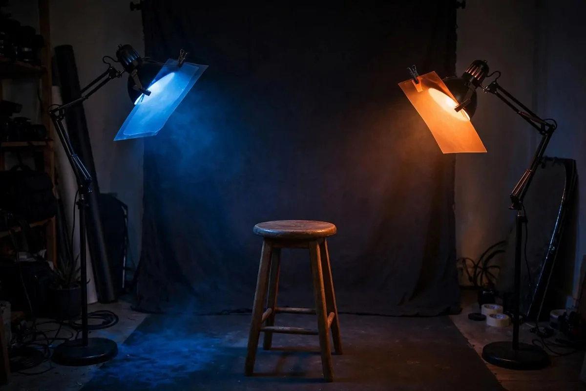 25 Photo Studio Ideas That Look Pro on a Tiny Budget 15 Photography lamps with colored gels creating dramatic blue and orange lighting on a backdrop