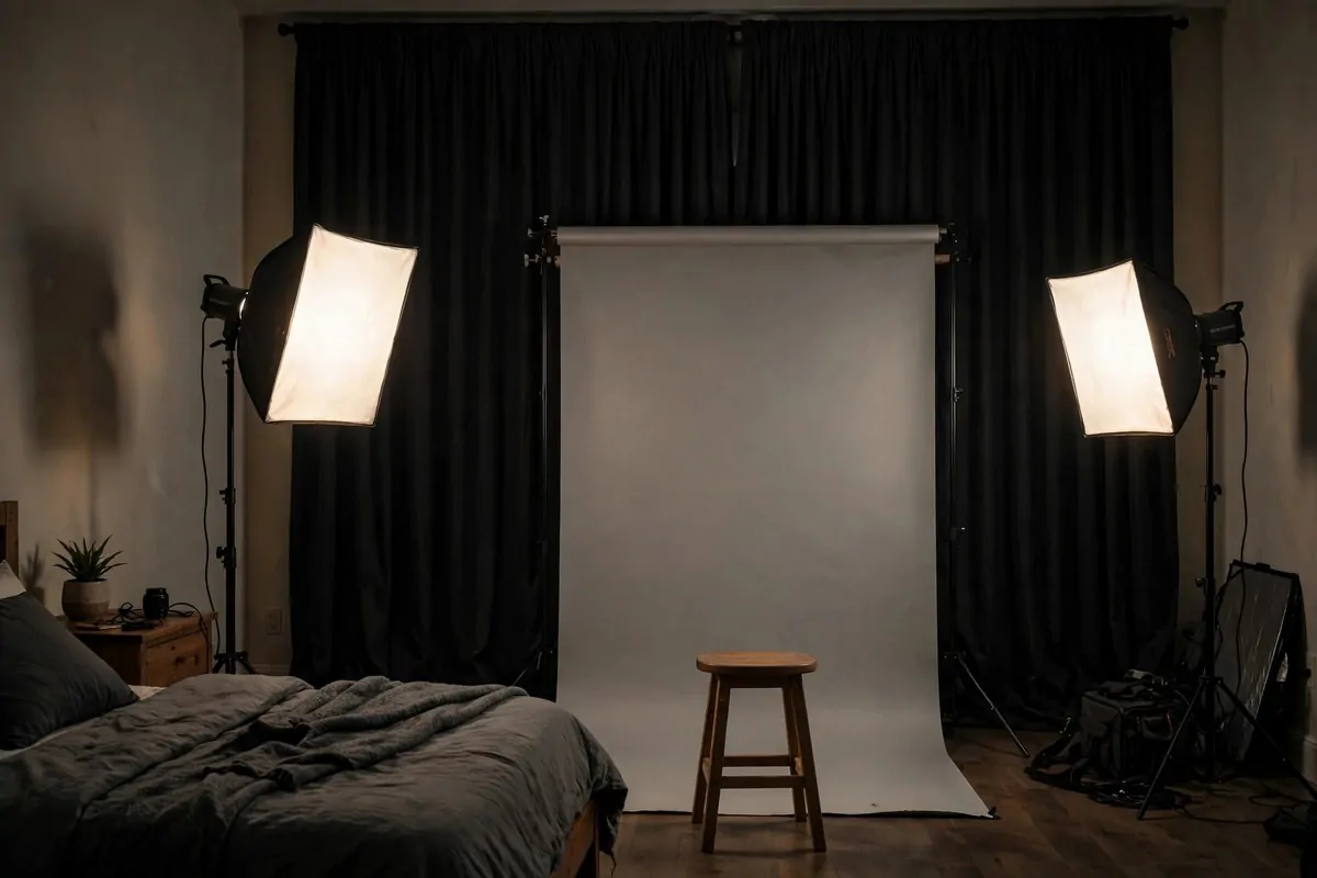 25 Photo Studio Ideas That Look Pro on a Tiny Budget 16 Bedroom studio with blackout curtains blocking window light for controlled lighting