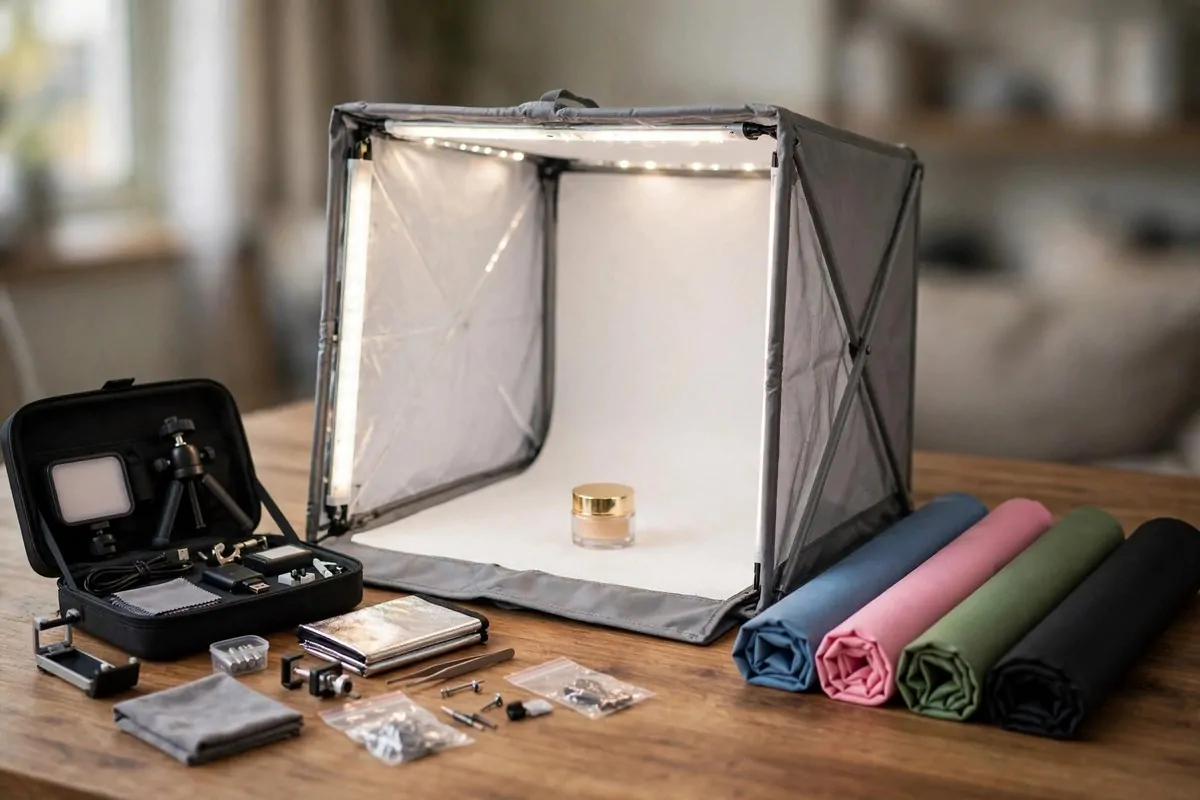 25 Photo Studio Ideas That Look Pro on a Tiny Budget 17 Foldable tabletop photo studio tent with built in LED lights set up on a desk