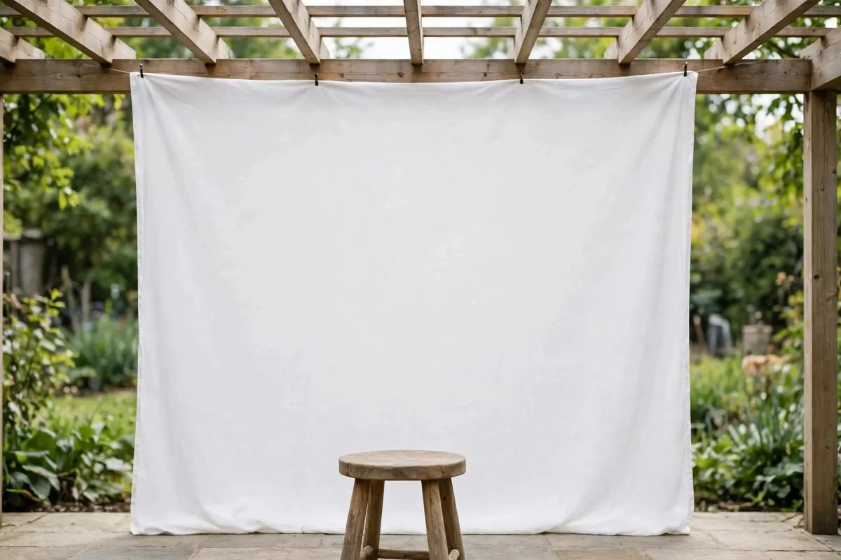 25 Photo Studio Ideas That Look Pro on a Tiny Budget 18 Outdoor patio photo setup with a white sheet hung as a backdrop in soft natural light