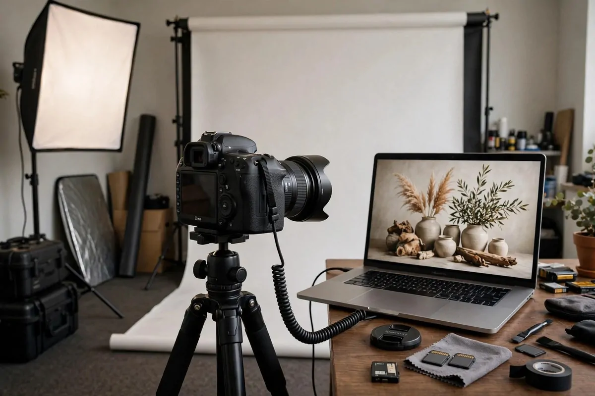 25 Photo Studio Ideas That Look Pro on a Tiny Budget 21 Camera tethered to a laptop showing live photos during a home studio shoot