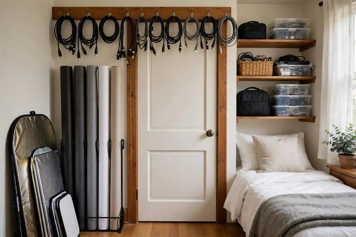 25 Photo Studio Ideas That Look Pro on a Tiny Budget 22 Neatly organized photo studio gear hung on hooks over a door frame in a small room