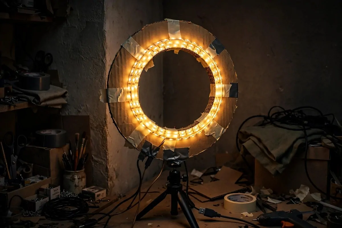 25 Photo Studio Ideas That Look Pro on a Tiny Budget 23 DIY ring light made from an LED strip coiled in a circle for portrait photography