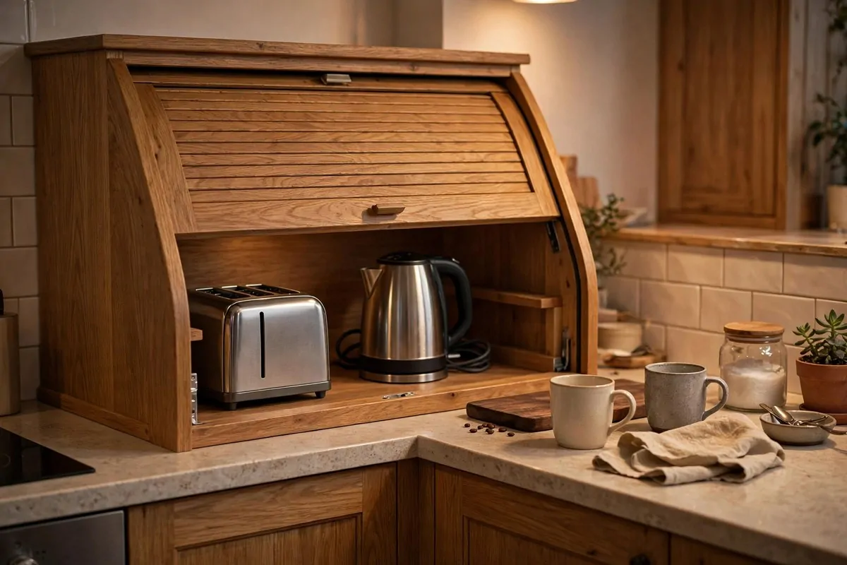 25 Small Kitchen Ideas You'll Wish You Knew Sooner 2 Kitchen cabinet with a roll-up door hiding a toaster and kettle