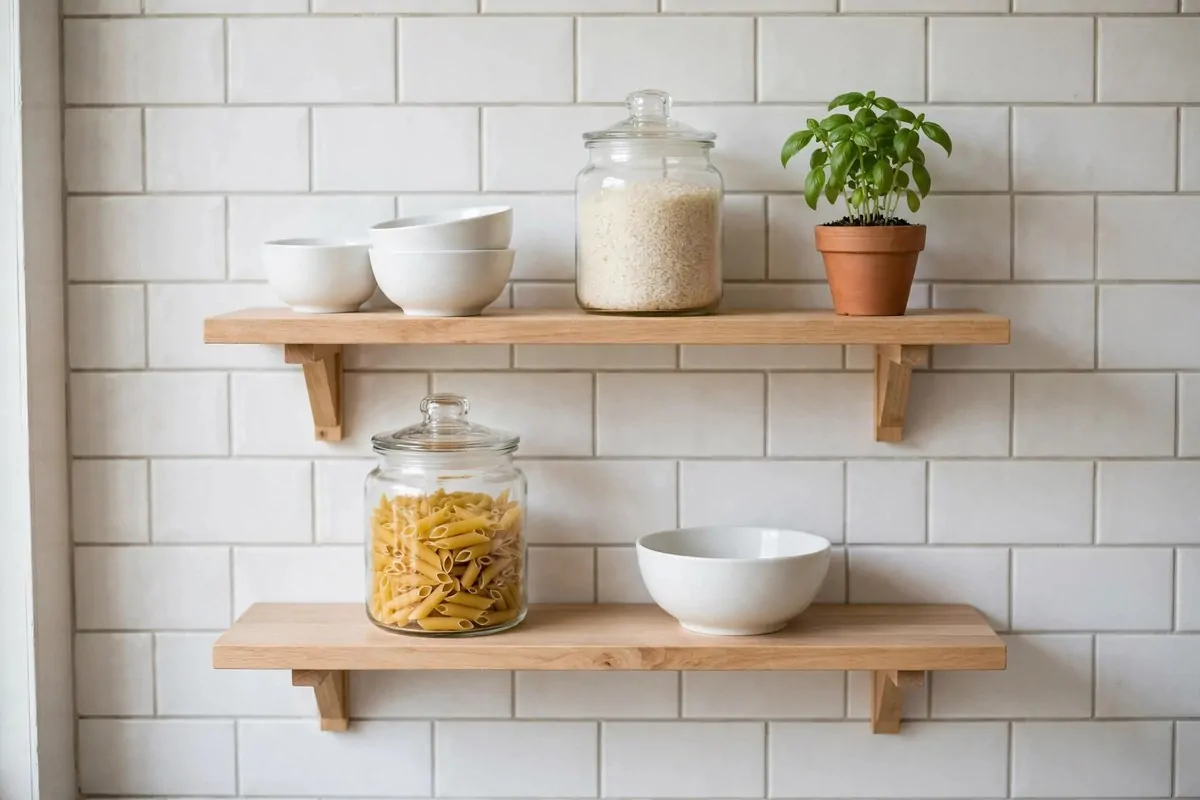 25 Small Kitchen Ideas You'll Wish You Knew Sooner 3 Wooden open shelves with white dishes and glass jars in a small kitchen