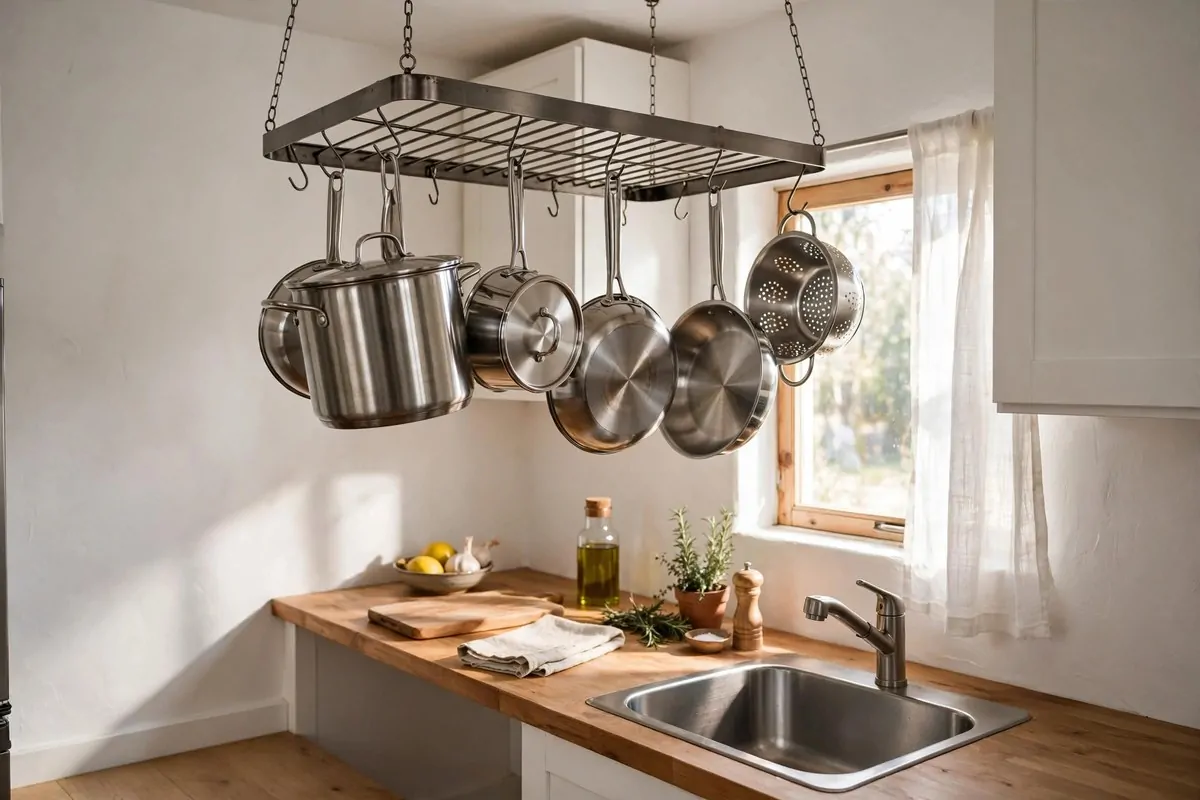 25 Small Kitchen Ideas You'll Wish You Knew Sooner 4 Ceiling-mounted pot rack with hanging pans in a tiny kitchen