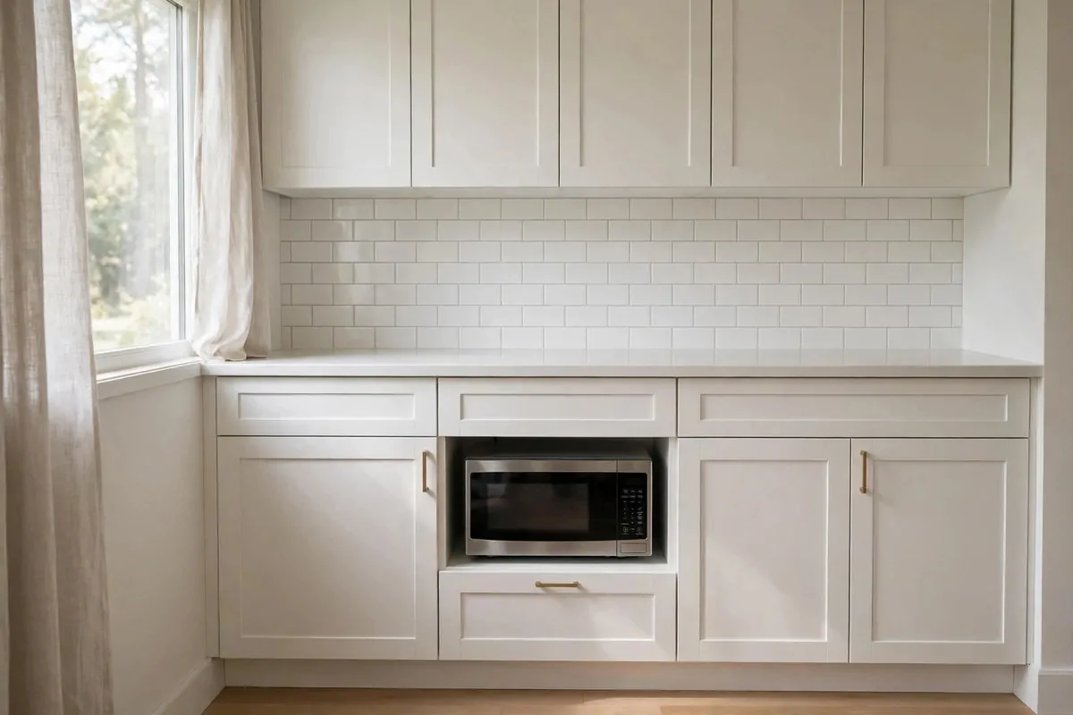 25 Small Kitchen Ideas You'll Wish You Knew Sooner 5 Microwave placed on a shelf inside lower kitchen cabinetry