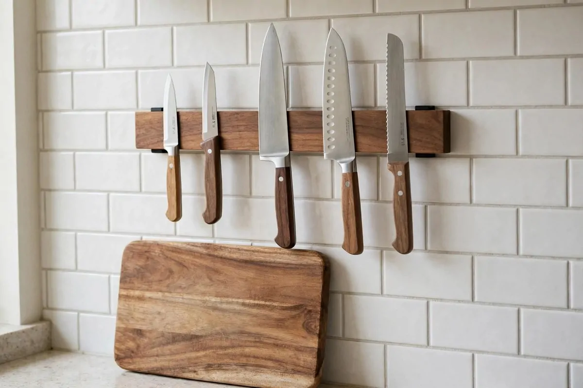 25 Small Kitchen Ideas You'll Wish You Knew Sooner 6 Magnetic wooden strip on a kitchen wall holding kitchen knives