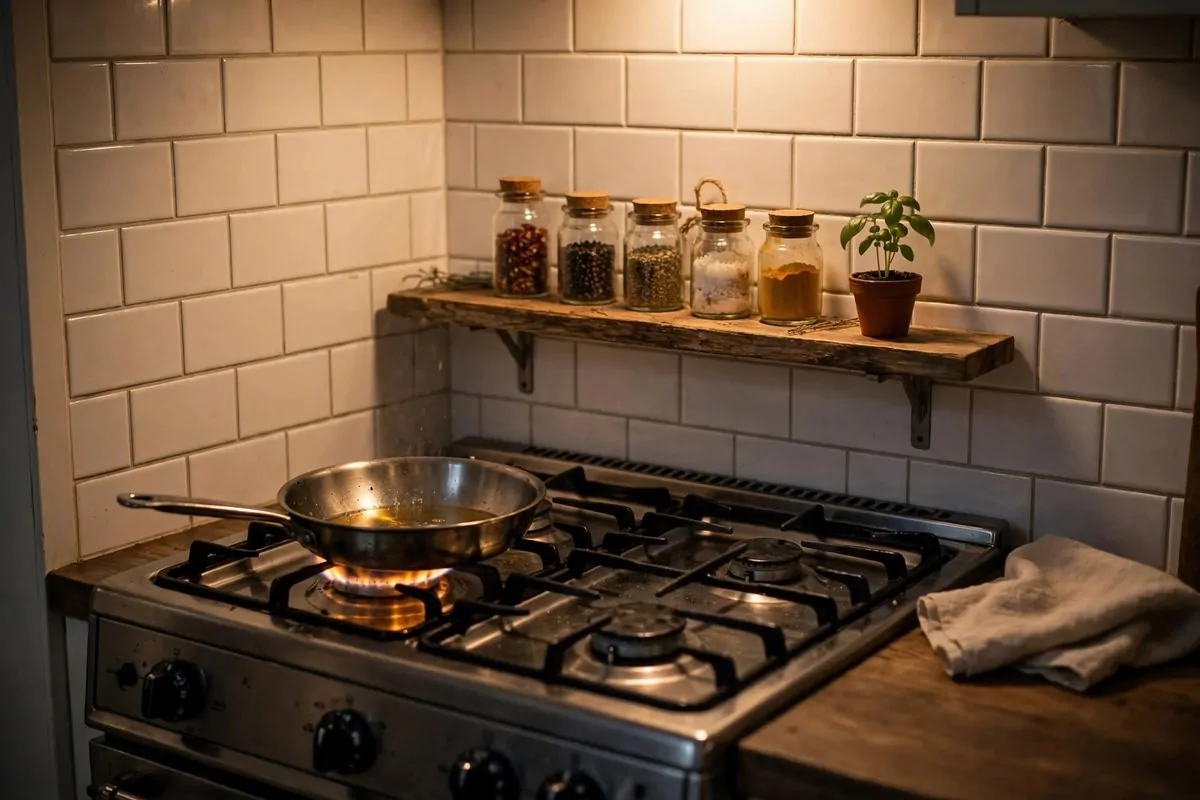 25 Small Kitchen Ideas You'll Wish You Knew Sooner 7 Narrow wooden ledge above a stove holding spice jars in a small kitchen