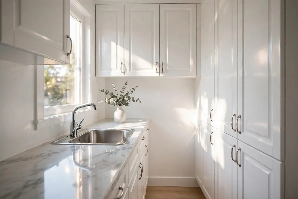 25 Small Kitchen Ideas You'll Wish You Knew Sooner 8 Bright all-white tiny kitchen with marble counters and sunlight