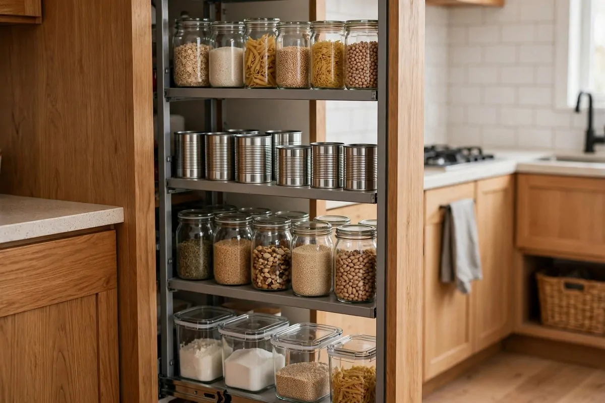 25 Small Kitchen Ideas You'll Wish You Knew Sooner 9 Slim tall pull-out pantry drawer filled with jars and cans