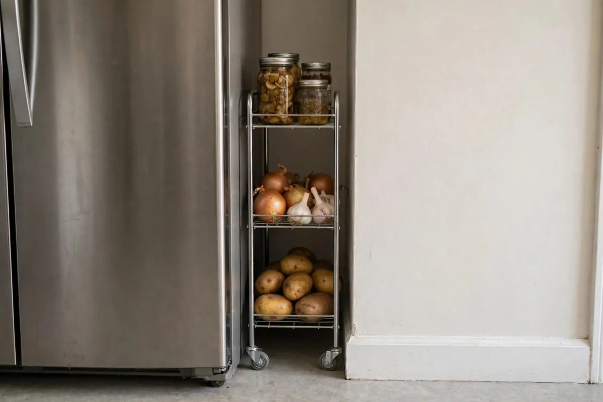 25 Small Kitchen Ideas You'll Wish You Knew Sooner 10 Slim metal rolling cart beside a fridge holding vegetables and jars